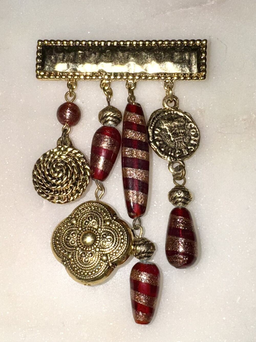 Vintage CACHAREL Bar Pin Brooch w/ Dangling Charms & Dark Red Art Glass Beads